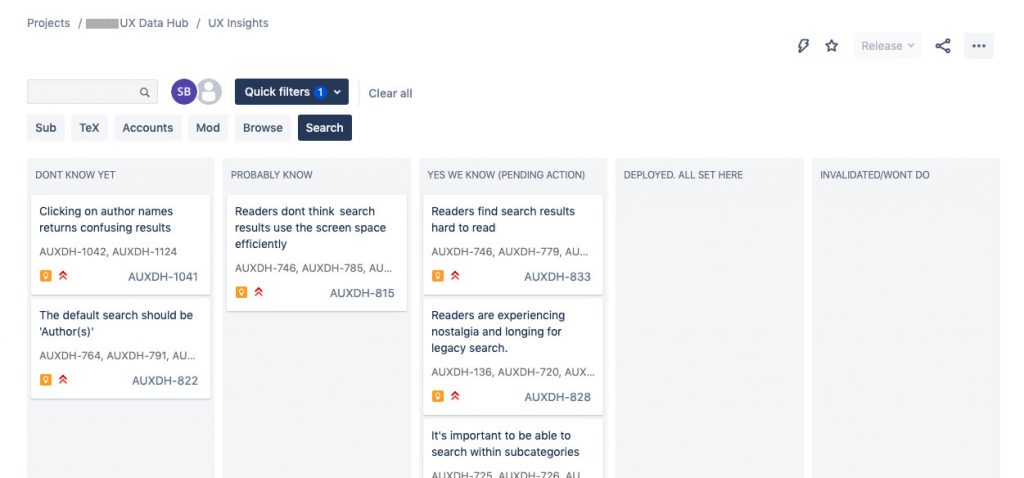 KanBan board for grouping Observations within Insights and tracking their validation