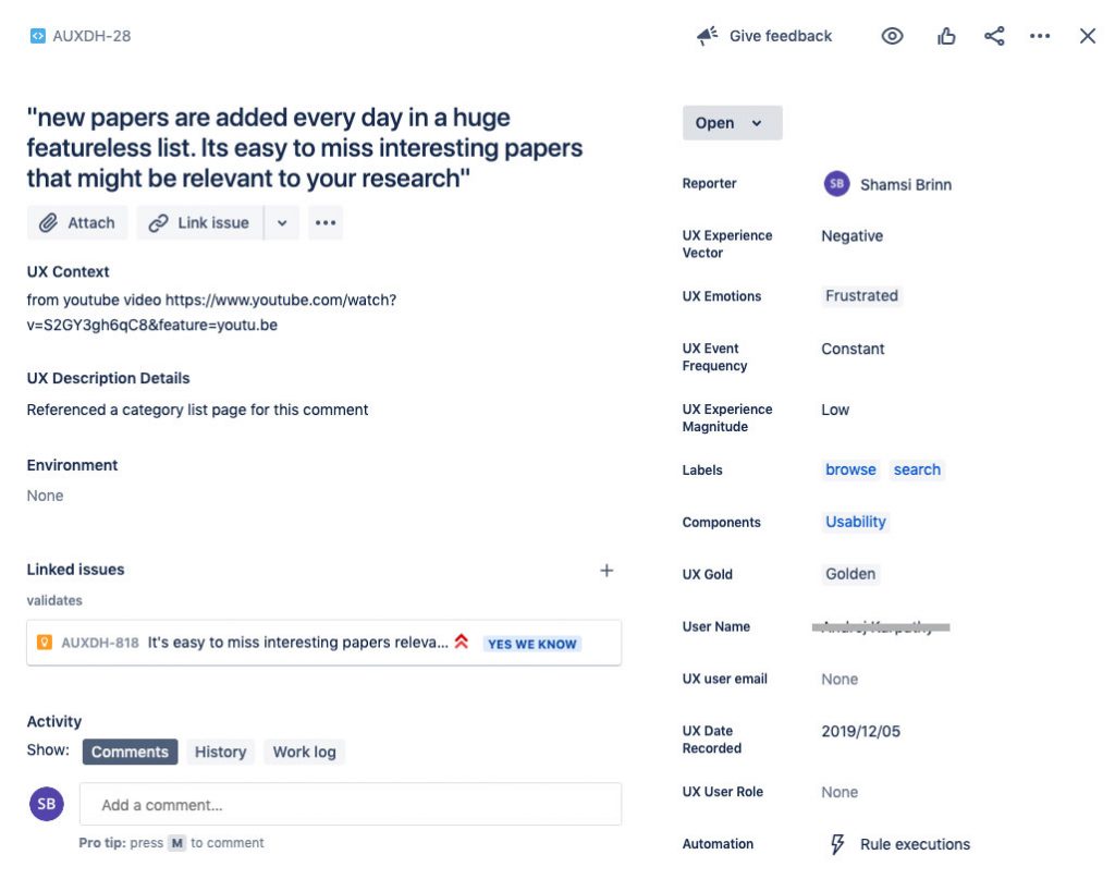 Jira issue screen for a user experience Observation